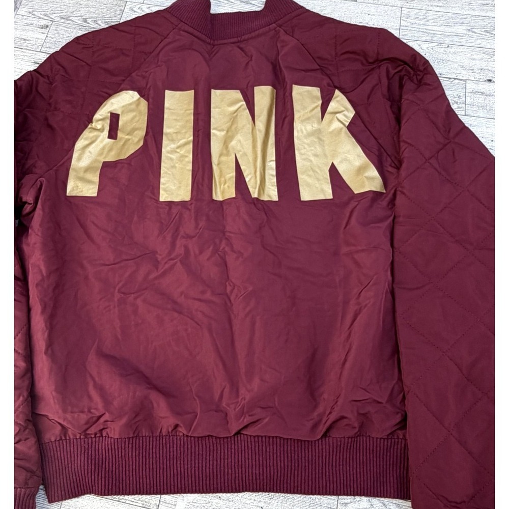 Women's Victoria's Secret PINK Maroon Quilted Bomber Jacket Gold Logo Size SMALL